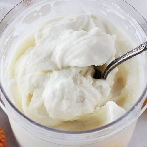 A vintage spoon in a Ninja Creami pint of vanilla ice cream.