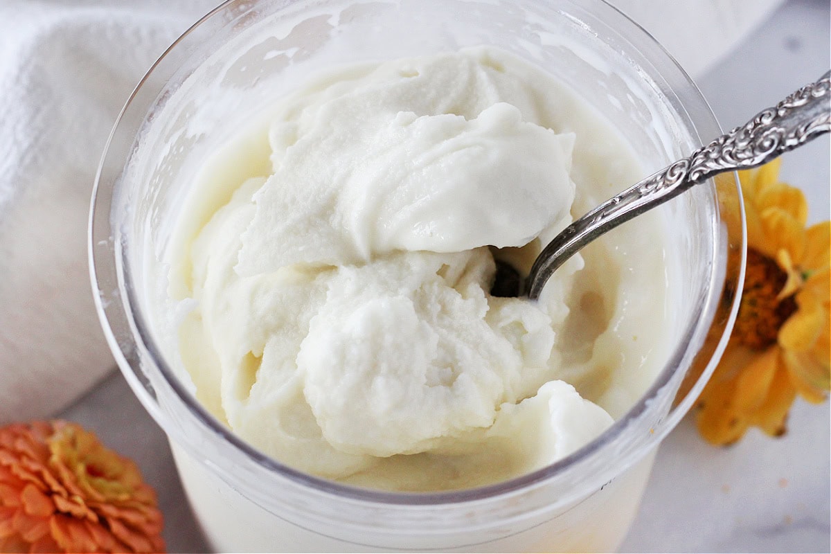 A vintage spoon in a Ninja Creami pint of vanilla ice cream.