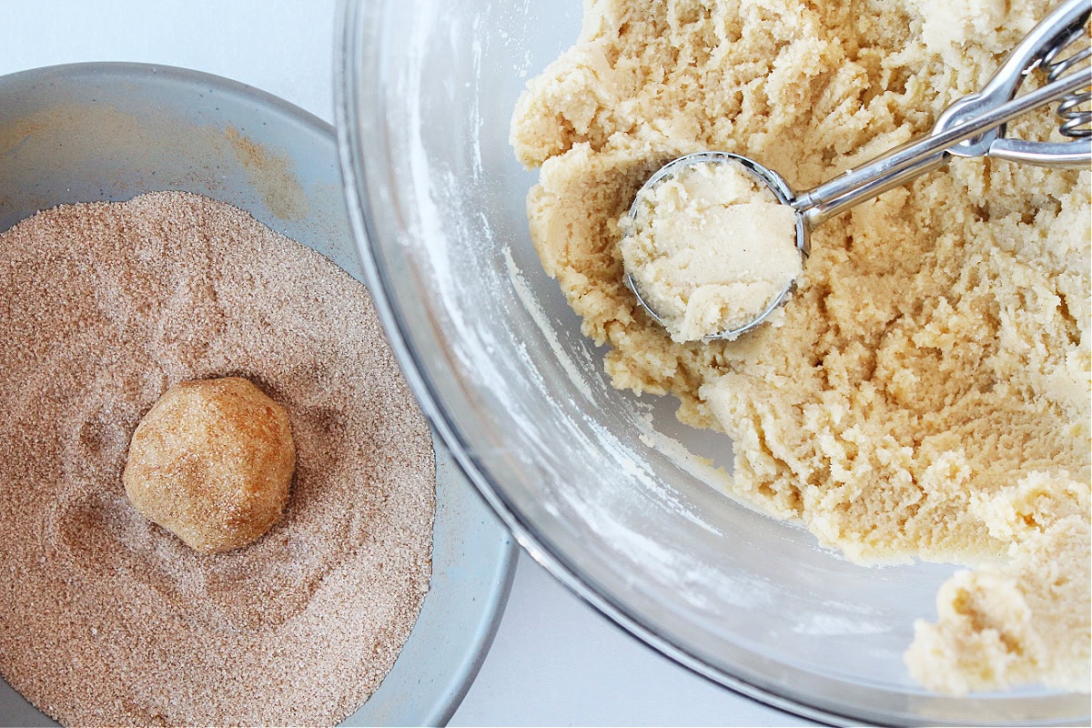 A cookie dough scoop in snickerdoodle batter with a bowl of cinnamon and sugar.