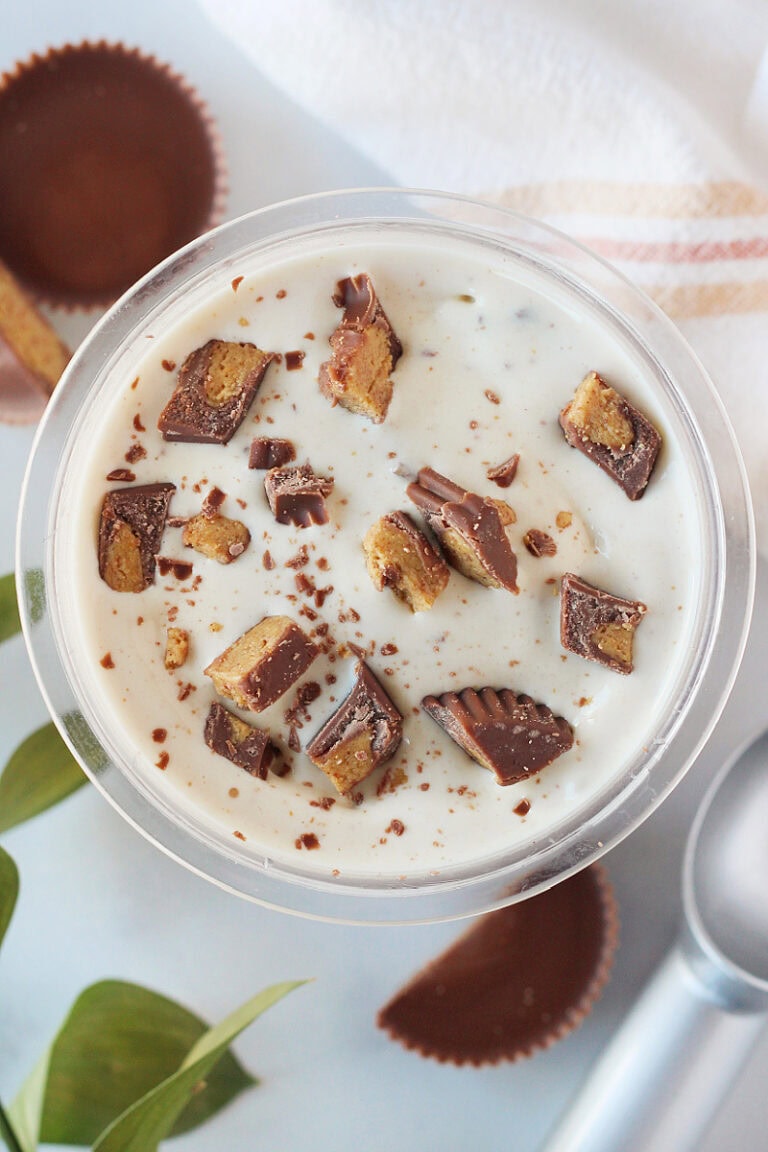 Chopped peanut butter cups on high protein Ninja Creami ice cream.