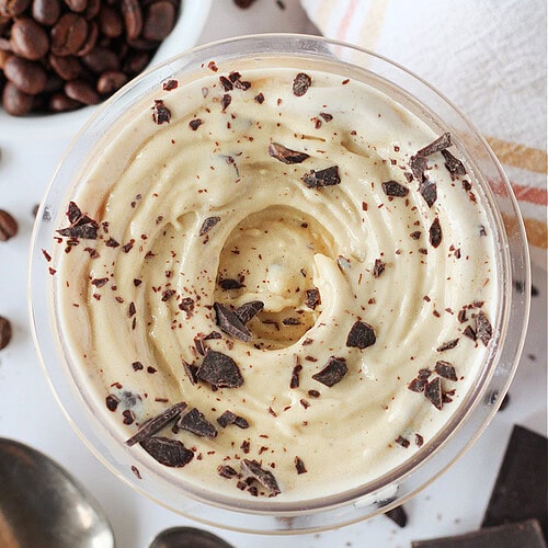 Java chip Ninja Creami ice cream with chopped dark chocolate on top.