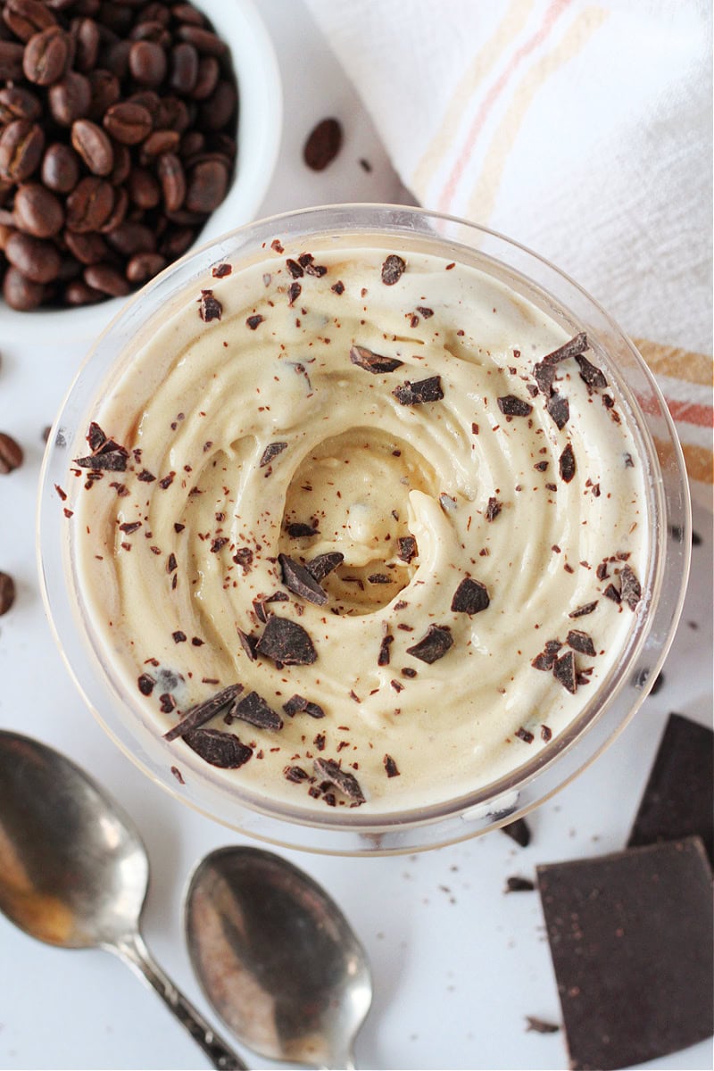 Java chip Ninja Creami ice cream with chopped dark chocolate on top.