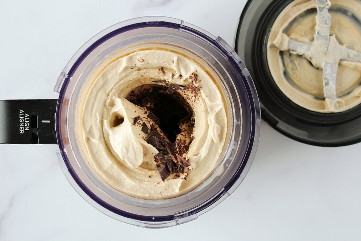 Chopped dark chocolate in the middle of Ninja Creami espresso ice cream.