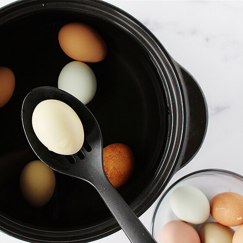A slotted spoon transferring colorful eggs to a pot of boiling water.