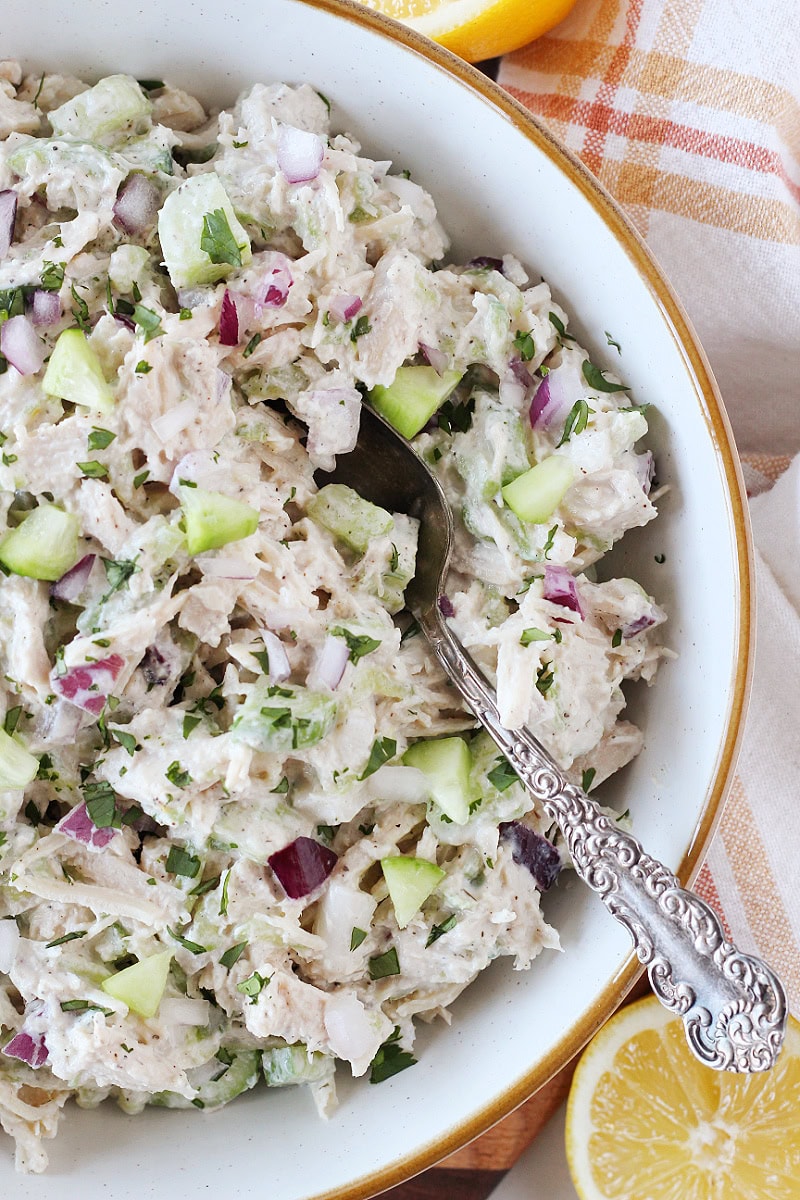 A vintage spoon in a bowl of tzatziki chicken salad.