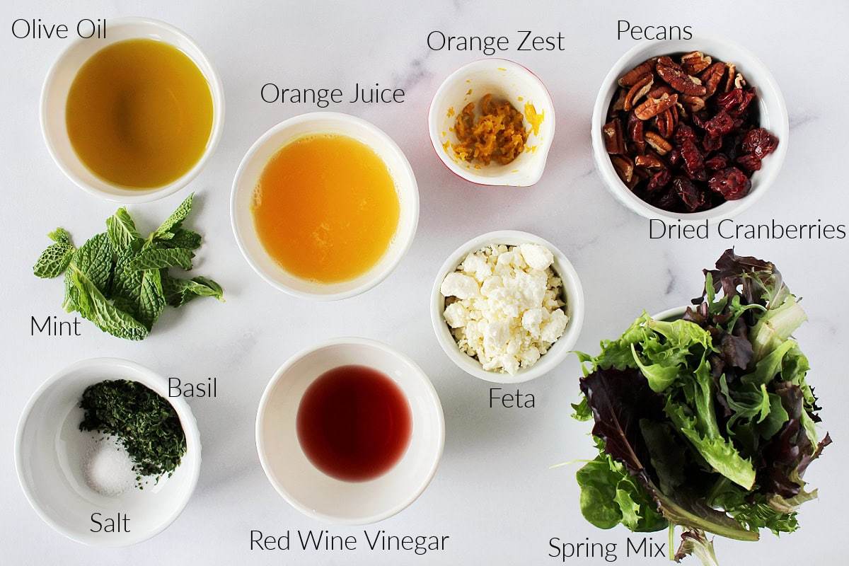 Labeled ingredients for cranberry feta salad with citrus dressing on a white marble countertop.