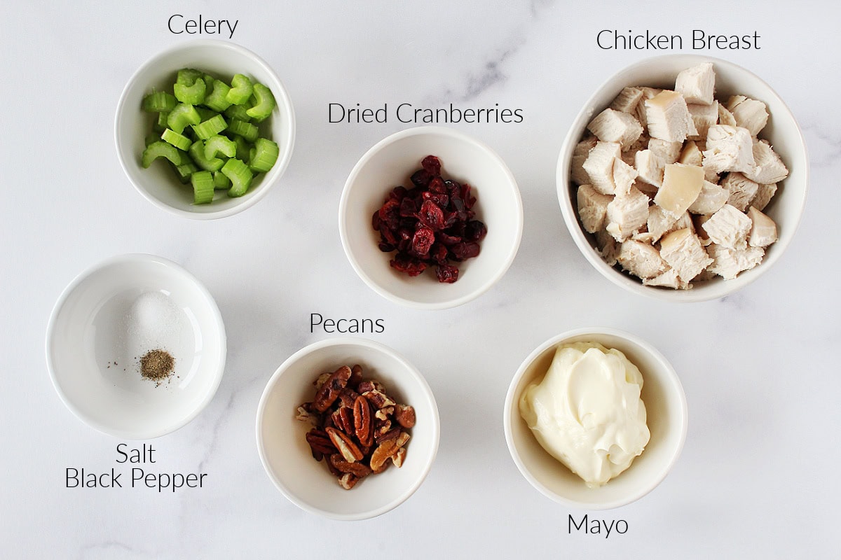Labeled ingredients for cranberry pecan chicken salad on a white marble countertop.